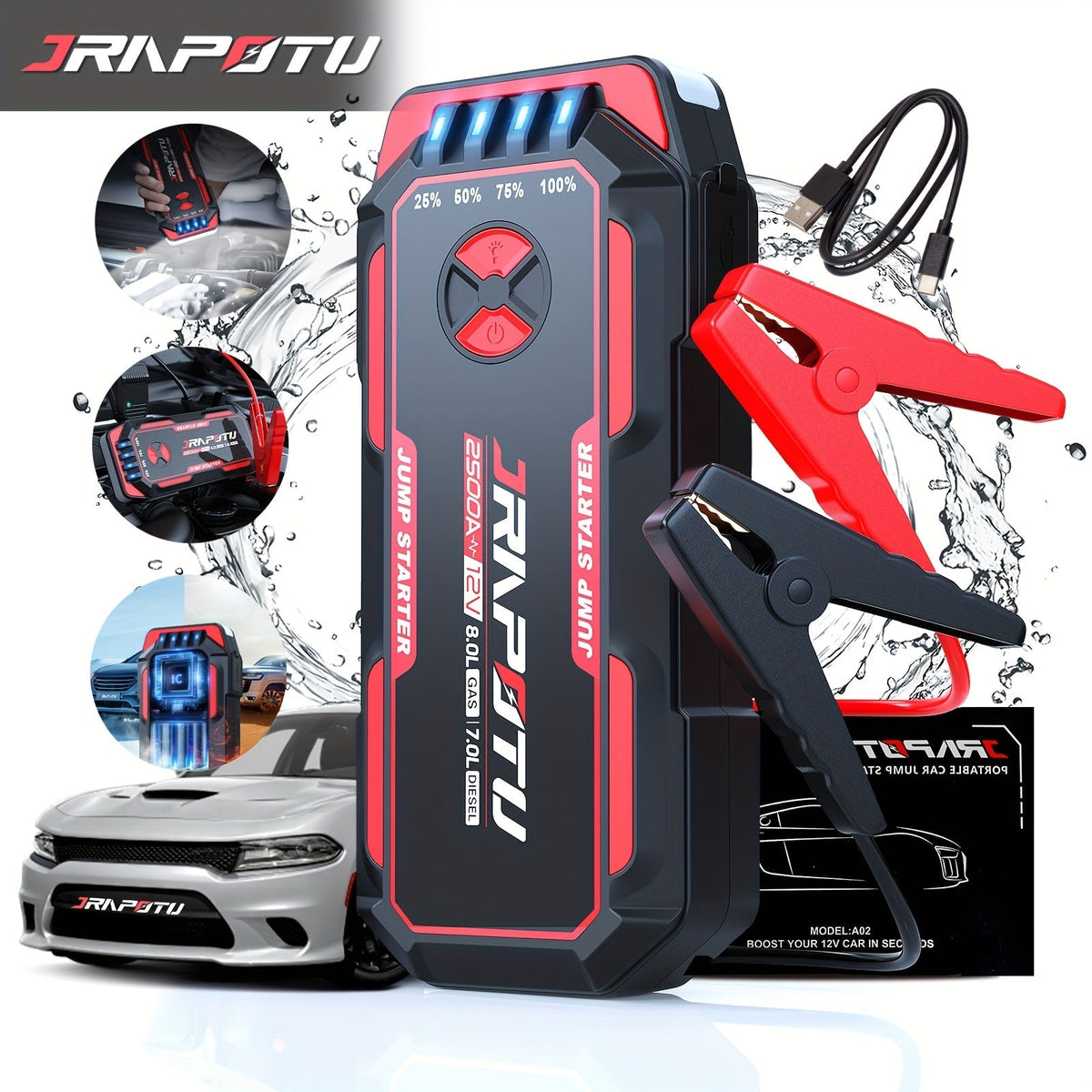 Démarreur de voiture portable 2500A crête | Booster de batterie 12V 8000mAh-10000mAh, jusqu'à 30 démarrages, ports de charge USB et lampe de poche LED – Convient aux moteurs essence 7.0L et diesel 8.0L, camions, SUV, motos
