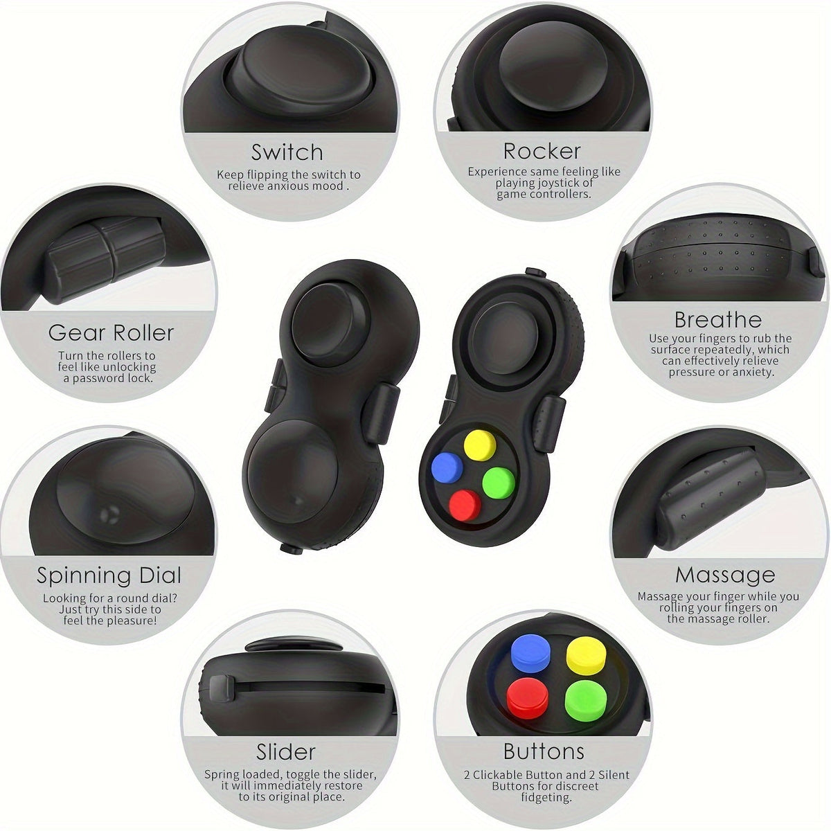 Lot de 3 manettes anti-stress - Manette rétro avec 8 fonctions de manipulation, jouet anti-stress et anti-anxiété pour enfants, adolescents et adultes, outil sensoriel TDAH, activité sans écran, choix de couleurs multiples