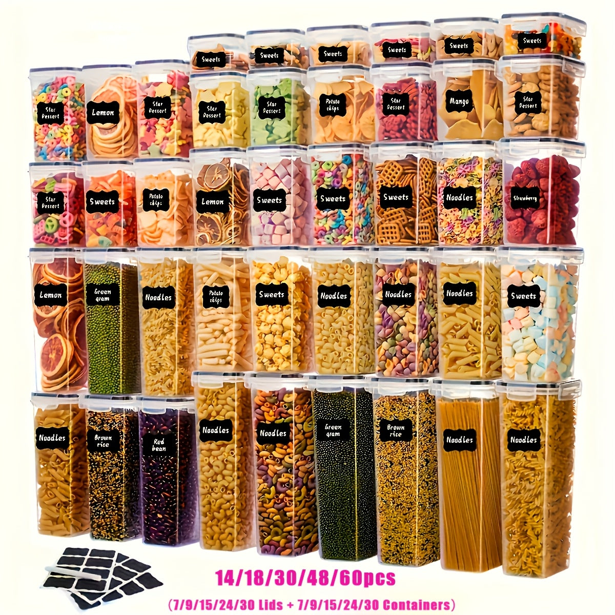 Boîtes de conservation hermétiques avec couvercles, sans BPA – Récipients de rangement de garde-manger en plastique avec fermeture à clapet pour riz, céréales, pâtes, farine et sucre, empilables, ensembles de 6 à 84 pièces