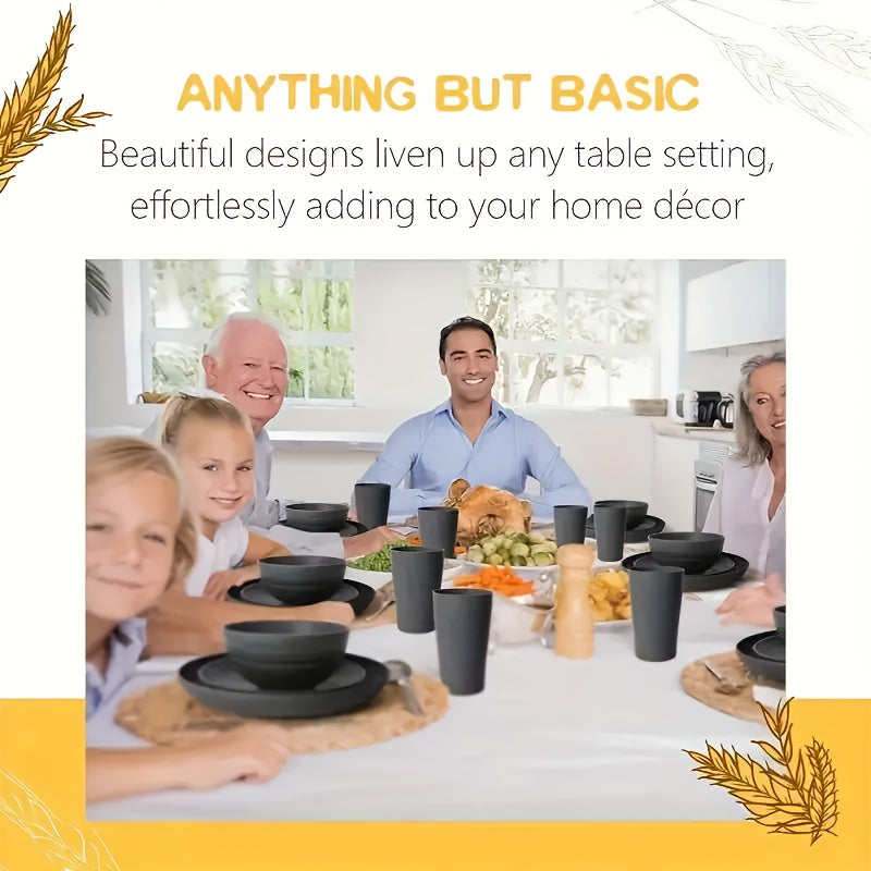 Black Wheat Straw Tableware Set β 16/32 Piece Unbreakable Eco-Friendly Plates Dessert Plates Bowls & Cups for 4-8 People, Outdoor Camping Party Wedding Halloween Kitchen Accessories