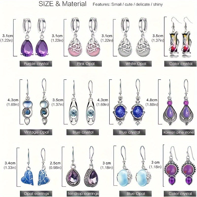 Lot de 12 paires de boucles d'oreilles pendantes bohèmes pour femme, boucles d'oreilles pendantes en forme de goutte d'eau avec pierre de lune colorée et œil de chat, bijoux élégants bohèmes, cadeau pour elle