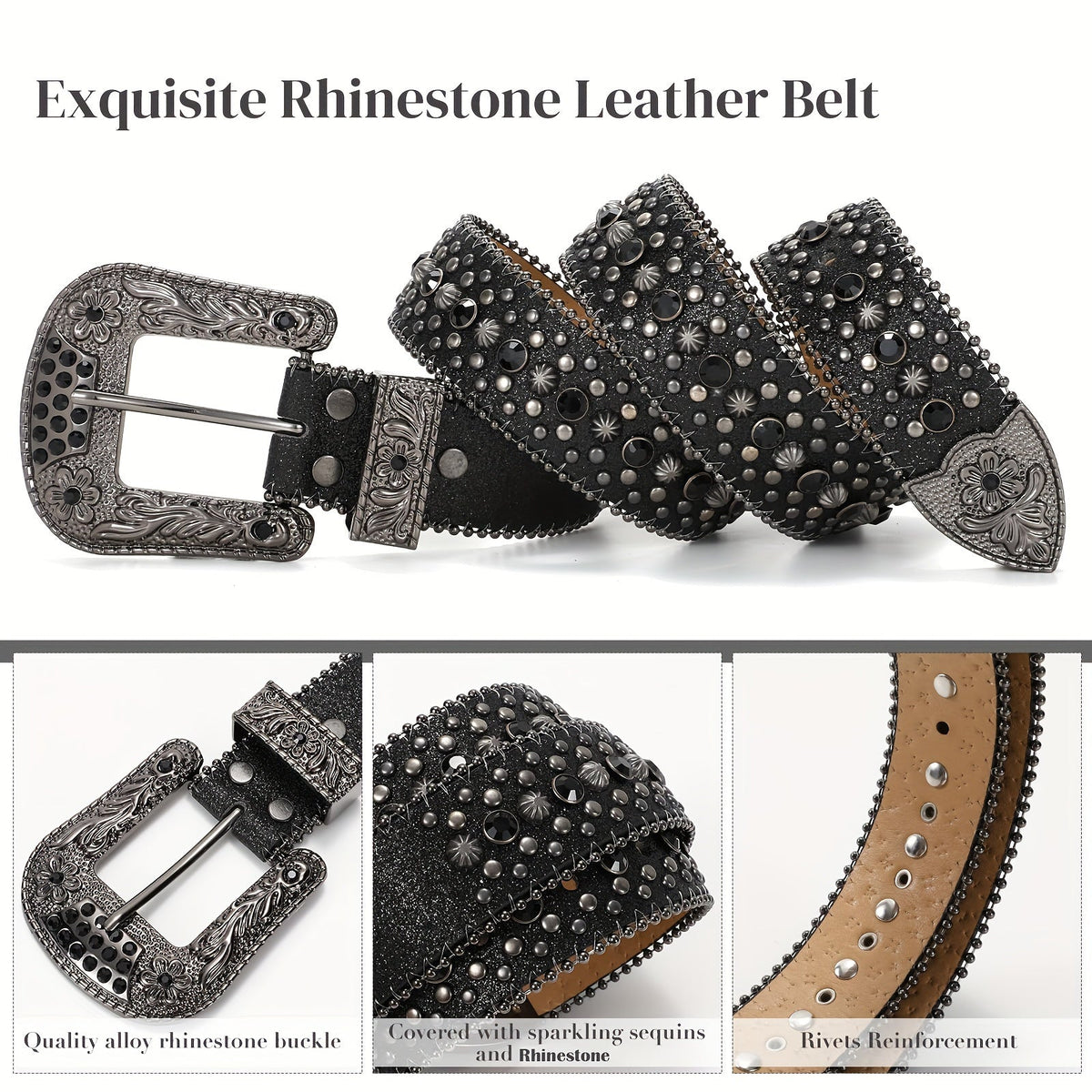 Ceinture strass unisexe style western – Ceinture ajustable scintillante en similicuir avec boucle en alliage pour hommes et femmes, tailles S-XL, cadeau pour fête, festival, Halloween, Noël