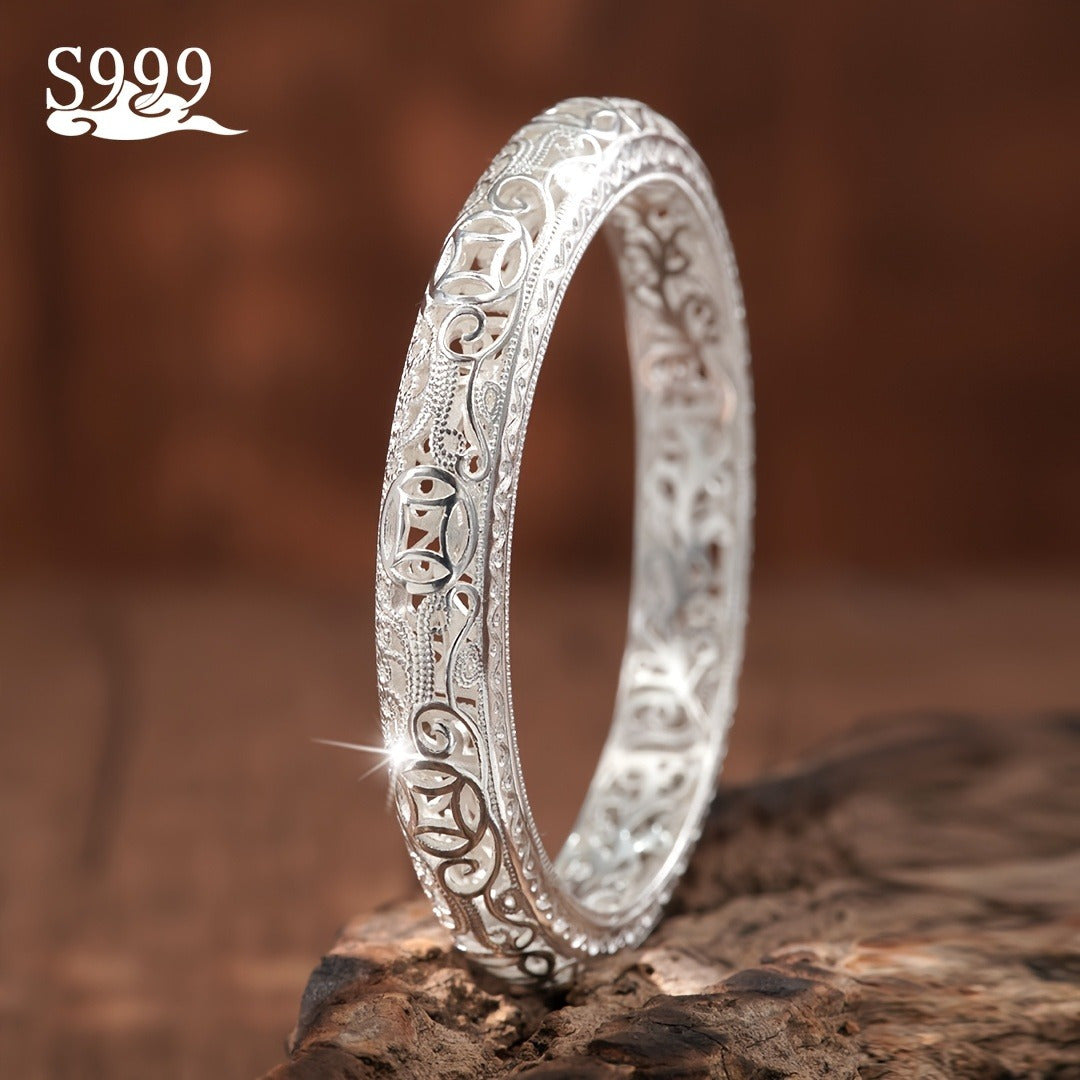 Bracelet jonc en argent pur S999 pour femme – Manchette fermée massive, bijou en argent fin de haute pureté, accessoire de mode élégant et brillant, cadeau idéal pour un anniversaire ou une fête.