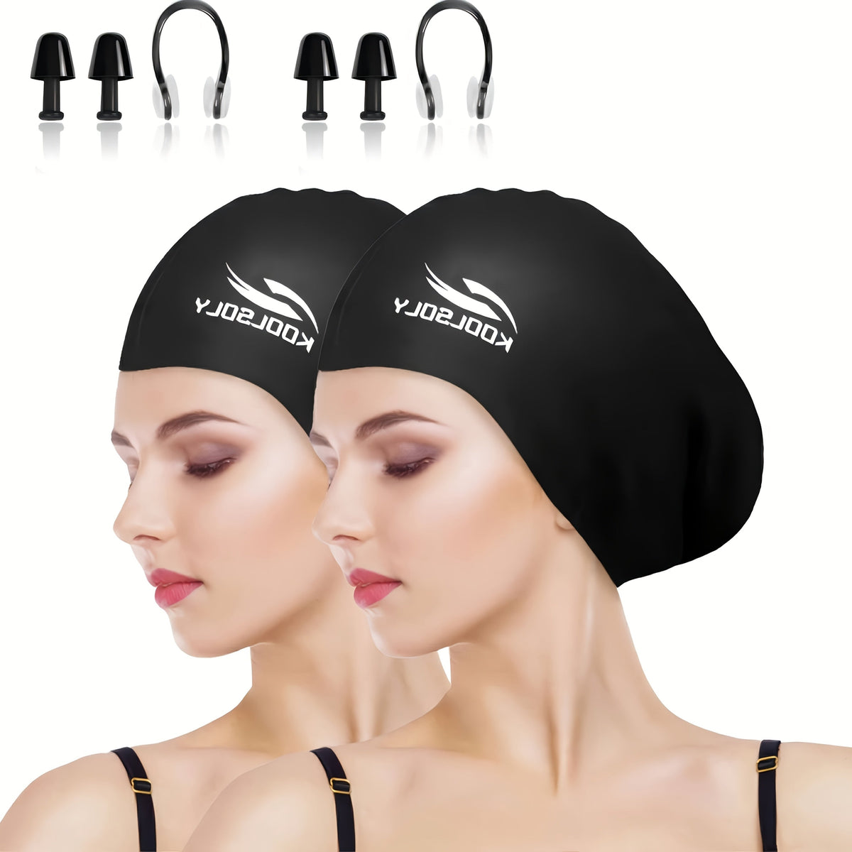Lot de 2 bonnets de bain en silicone avec protection auditive pour cheveux longs – Inclut bouchons d'oreilles et pince-nez, ensemble de bonnet de bain étanche, 11 options de couleurs pour femmes, hommes et adultes