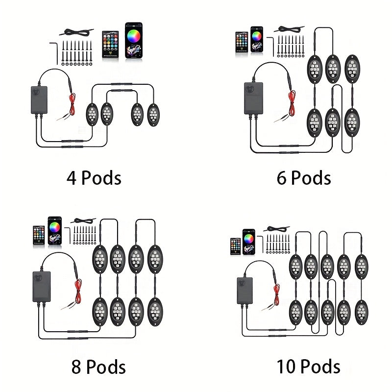 Kit de lumières LED RGB pour camions et pick-ups – Activation sonore, contrôle par application et télécommande, éclairage néon multicolore pour châssis, 9 grosses ampoules LED, 4/6/8/10 modules d'éclairage de bas de caisse