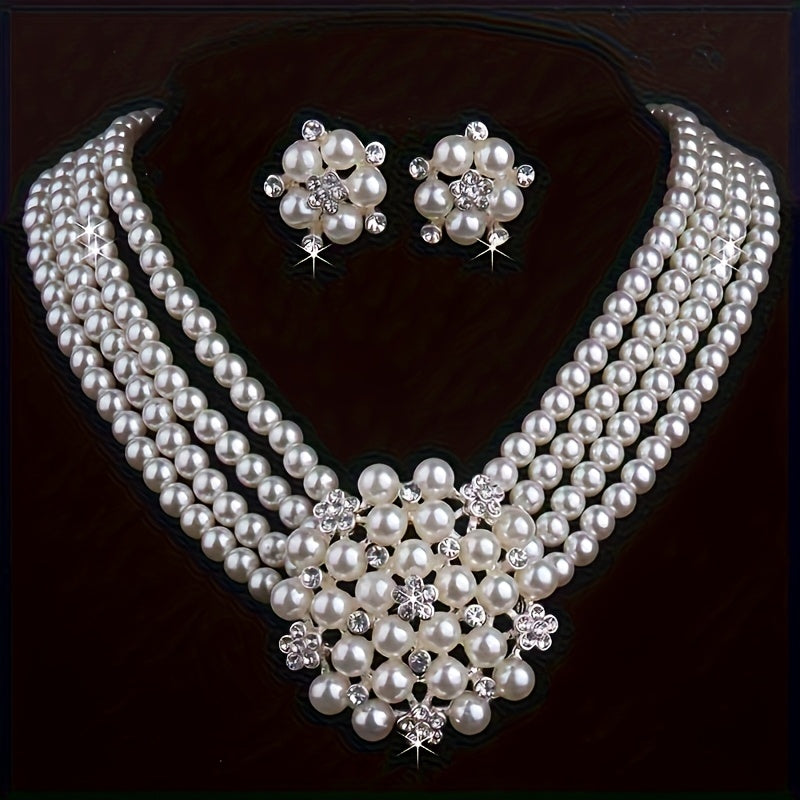Parure de luxe collier et boucles d'oreilles pour femme – Bijoux plaqués argent perlés pour mariage, soirée et spectacle, accessoires de robe élégants