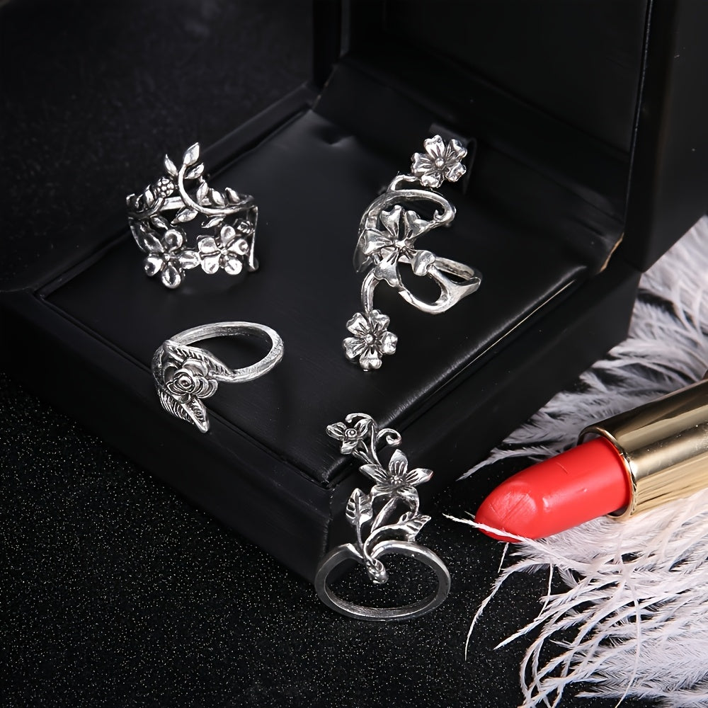 Ensemble de bagues empilables vintage à motif floral pour femme en argent sterling 925 – Lot de 4 bagues bohèmes, bijoux minimalistes élégants, cadeau idéal pour un anniversaire ou Noël