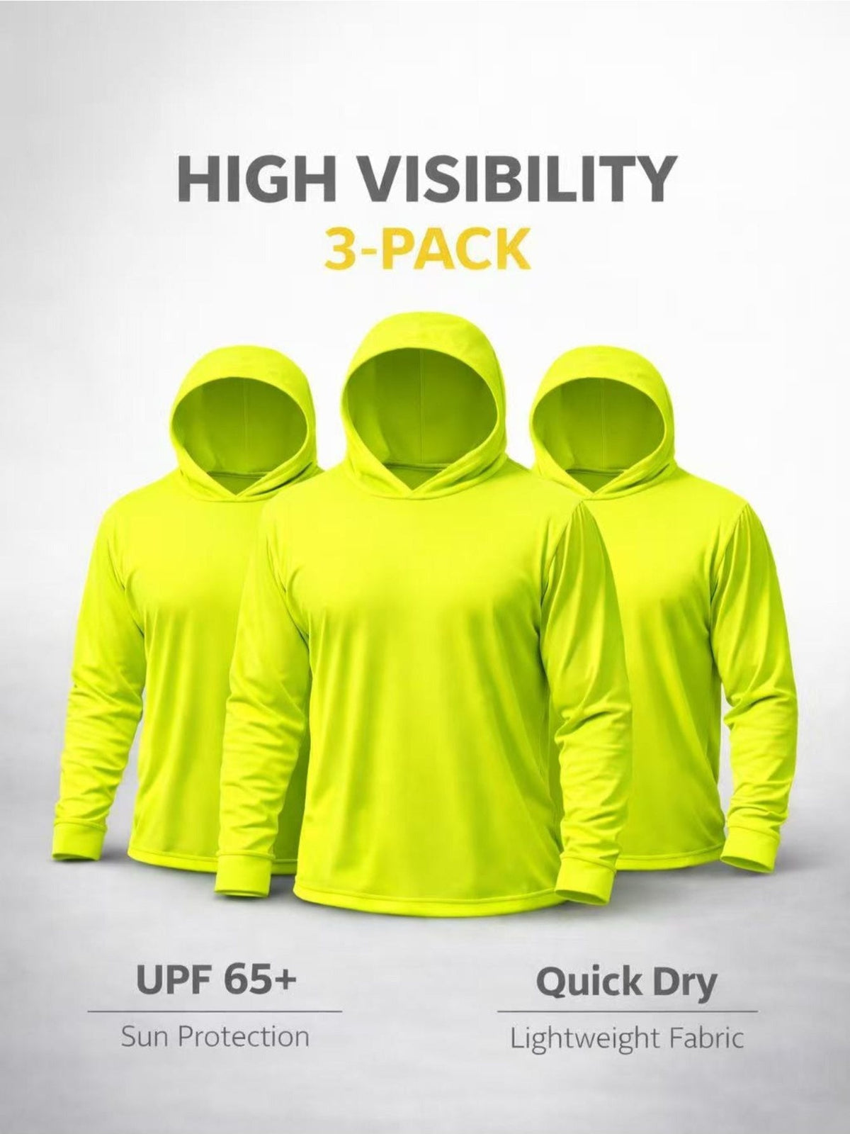 Lot de 3 sweats à capuche de protection solaire UPF 50+ pour homme, manches longues, évacuation de l'humidité, séchage rapide, respirant, t-shirt de performance pour randonnée, pêche, course à pied – Tailles S à XXXL, jaune fluorescent