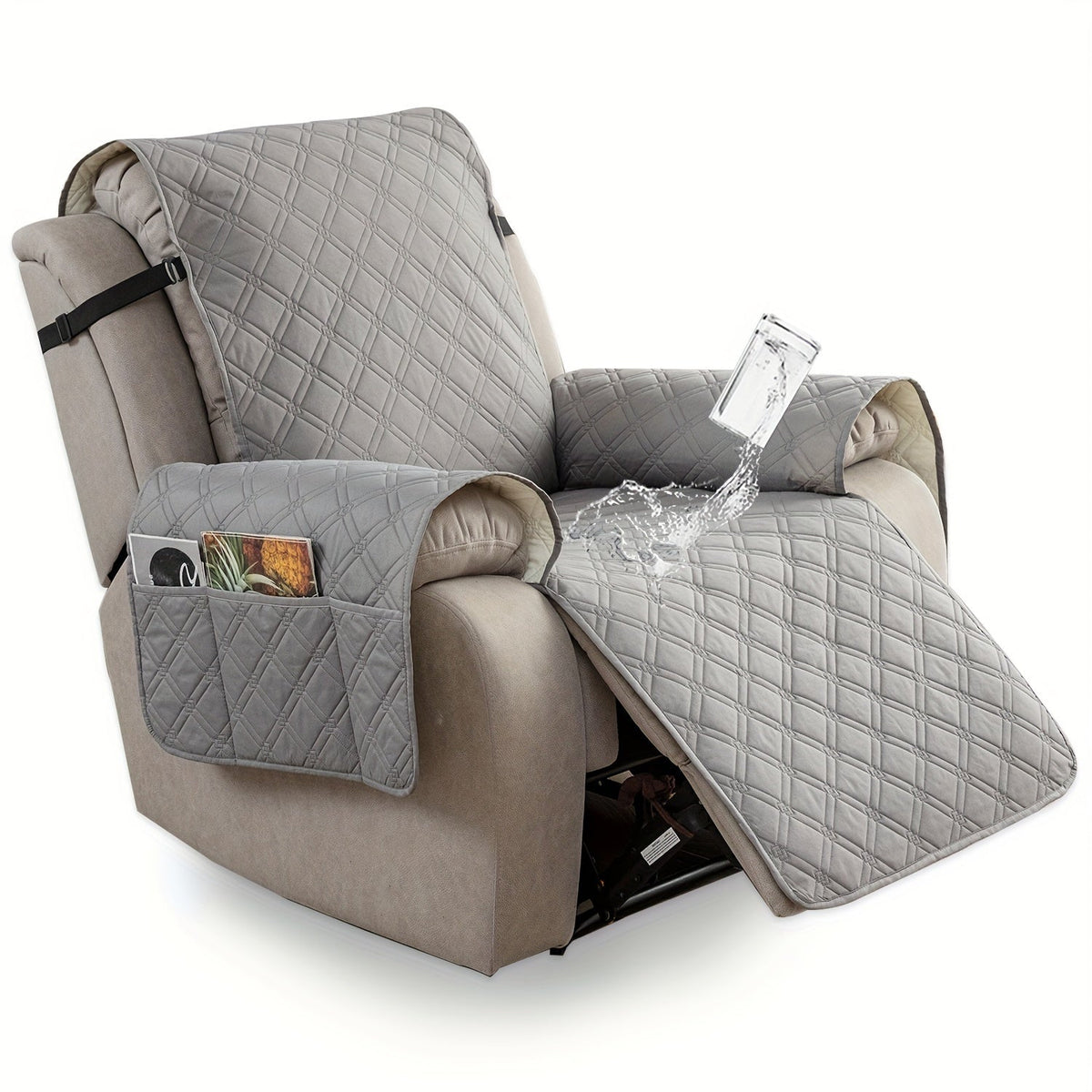 Housse de fauteuil inclinable imperméable avec poches latérales, sangles antidérapantes, tissu matelassé 4 couches, protection contre les animaux et les enfants, lavable en machine – 11 couleurs