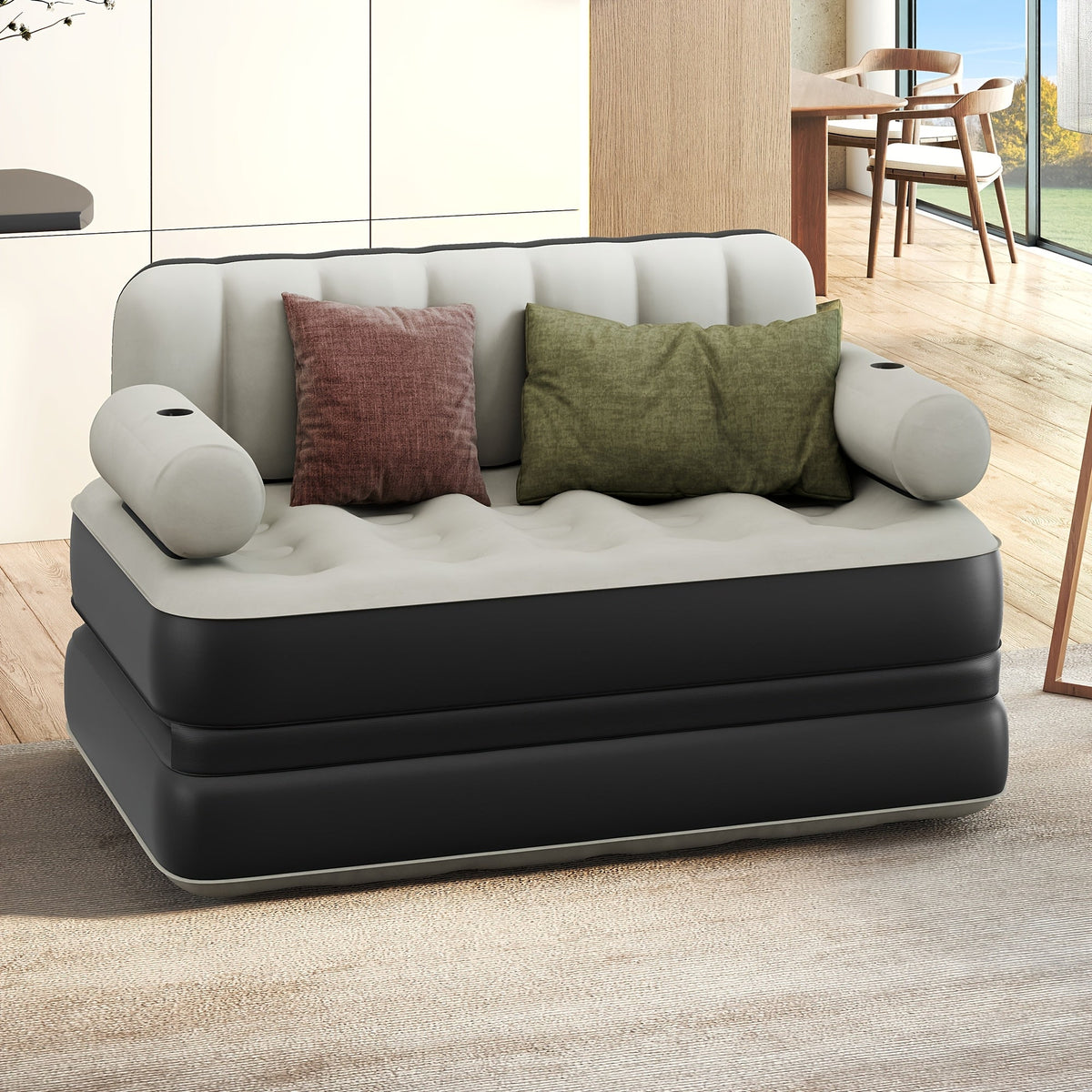Canapé-lit gonflable 2-en-1 taille Queen – Canapé et matelas pneumatique portables avec tête de lit, porte-gobelets, pompe externe et sac de rangement, capacité de 200 kg pour la maison, le camping et les invités