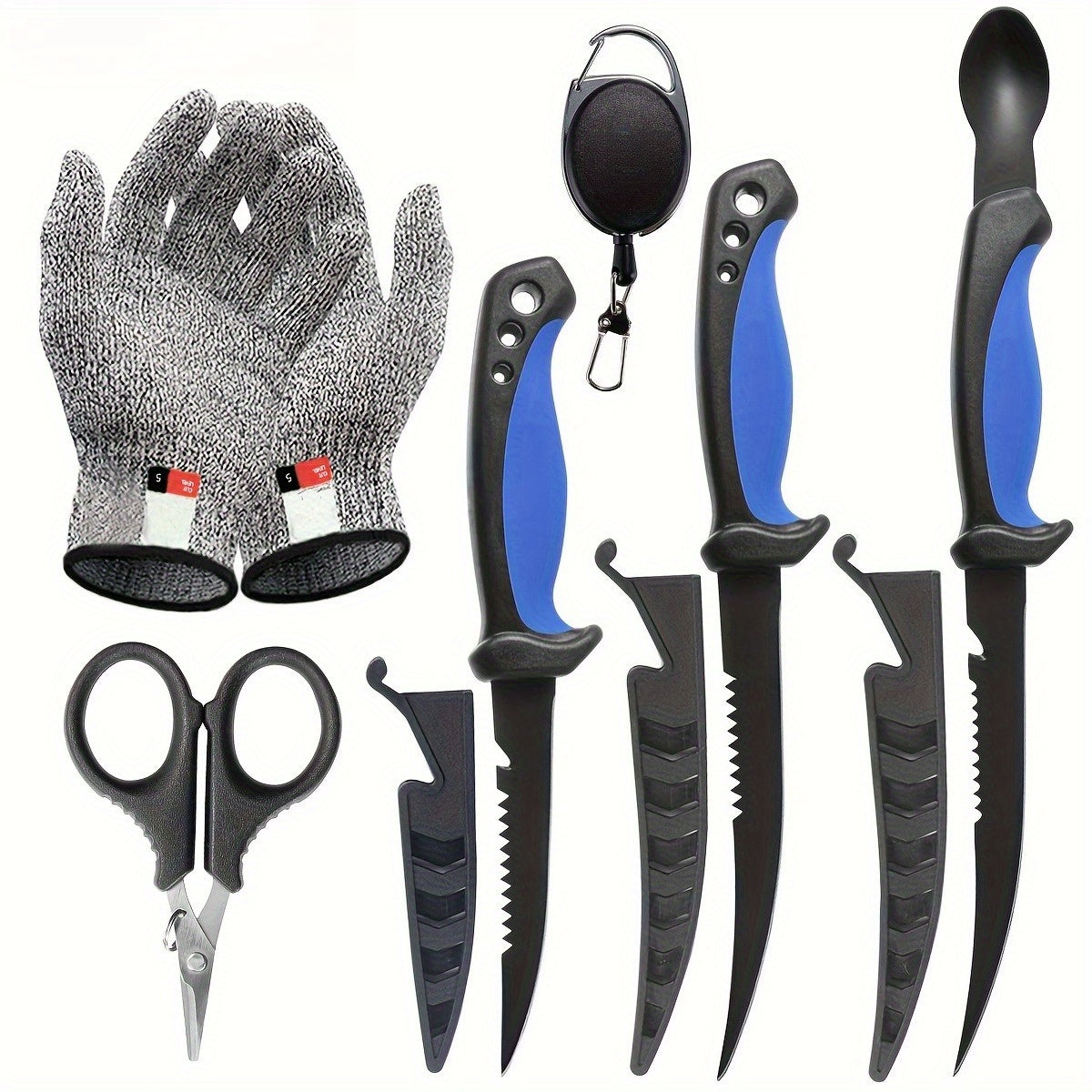 Ensemble de 3 couteaux de pêche avec lames en acier inoxydable, couteaux à fileter, désosser et vider avec gants résistants aux coupures, coupe-fil de pêche et cordon – Cadeau de pêche unique pour pêcheurs et campeurs