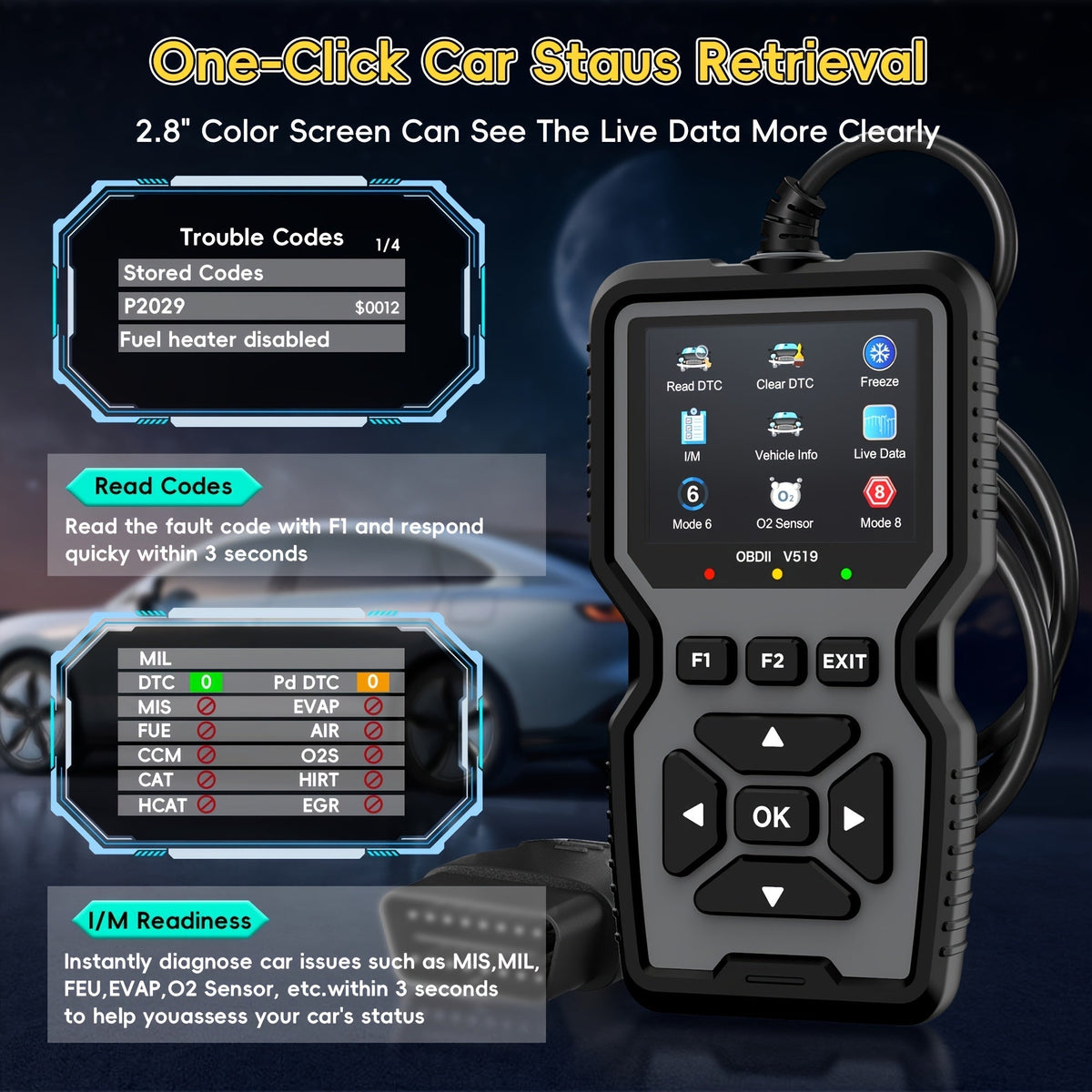 Outil de diagnostic OBD2, lecteur de codes défaut moteur universel avec fonction de réinitialisation, modes 6 & 8, test de préparation I/M – Compatible avec toutes les voitures, camions et SUV OBDII depuis 1996 – Gris