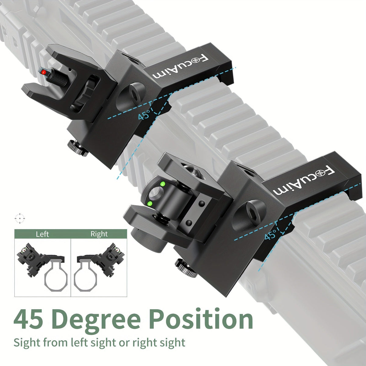 Organe de visée mécanique déporté à 45 degrés pour AR15 – Points fibre optique rouge et vert, réglage sans outil, montage sur rail 20 mm, visée de secours inclinée à transition rapide pour tir sportif en extérieur