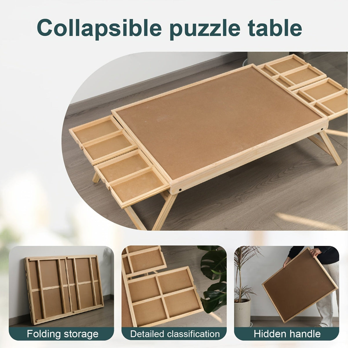 Table de puzzle en bois avec pieds pliants - 4 tiroirs et 16 compartiments de tri, plateau de puzzle portable pour puzzles de 1000 pièces, rangement en bois naturel pour adultes et enfants, maison et école