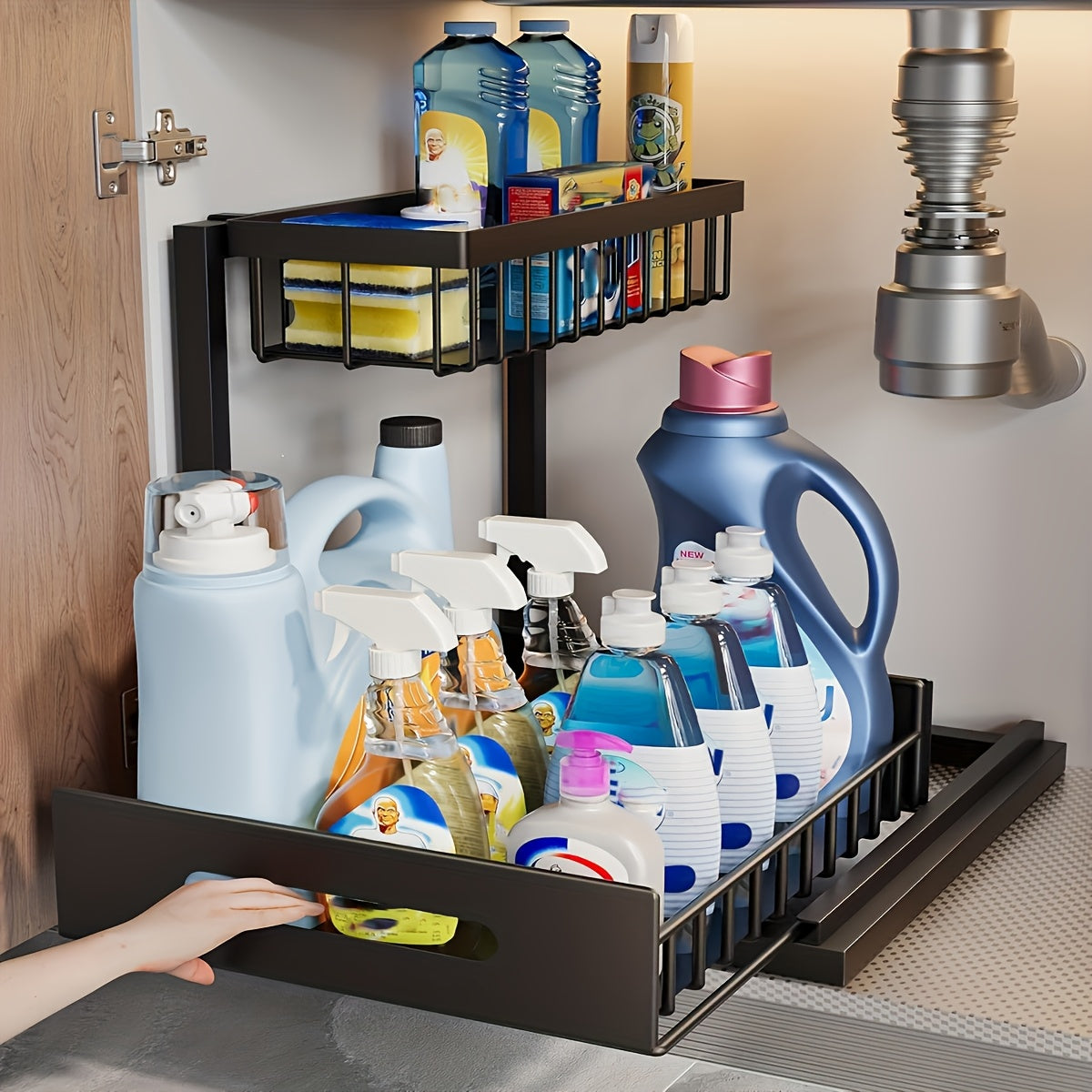 Organisateur sous évier avec étagère coulissante – Étagère de rangement en métal à deux niveaux pour cuisine, salle de bain, garde-manger et placard, organisateur de placard sous évier gain de place, disponible en lot de 1 et lot de 2