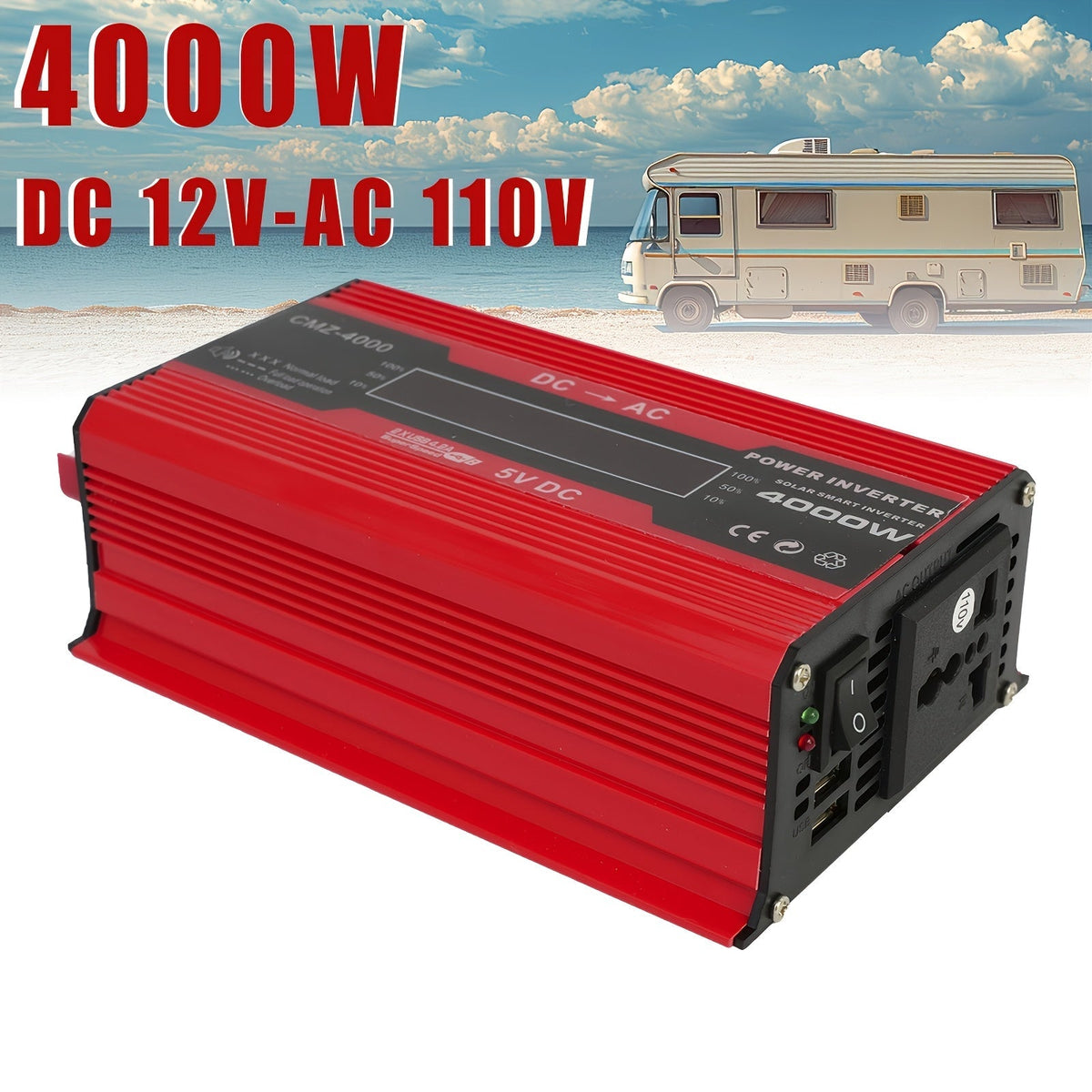 Onduleur de voiture 4000W CC 12V vers CA 110V avec écran LCD, ventilateur de refroidissement et protection contre les surcharges - Convertisseur portable de 800W nominal pour voyages en voiture, camping, activités en extérieur et kits d'urgence
