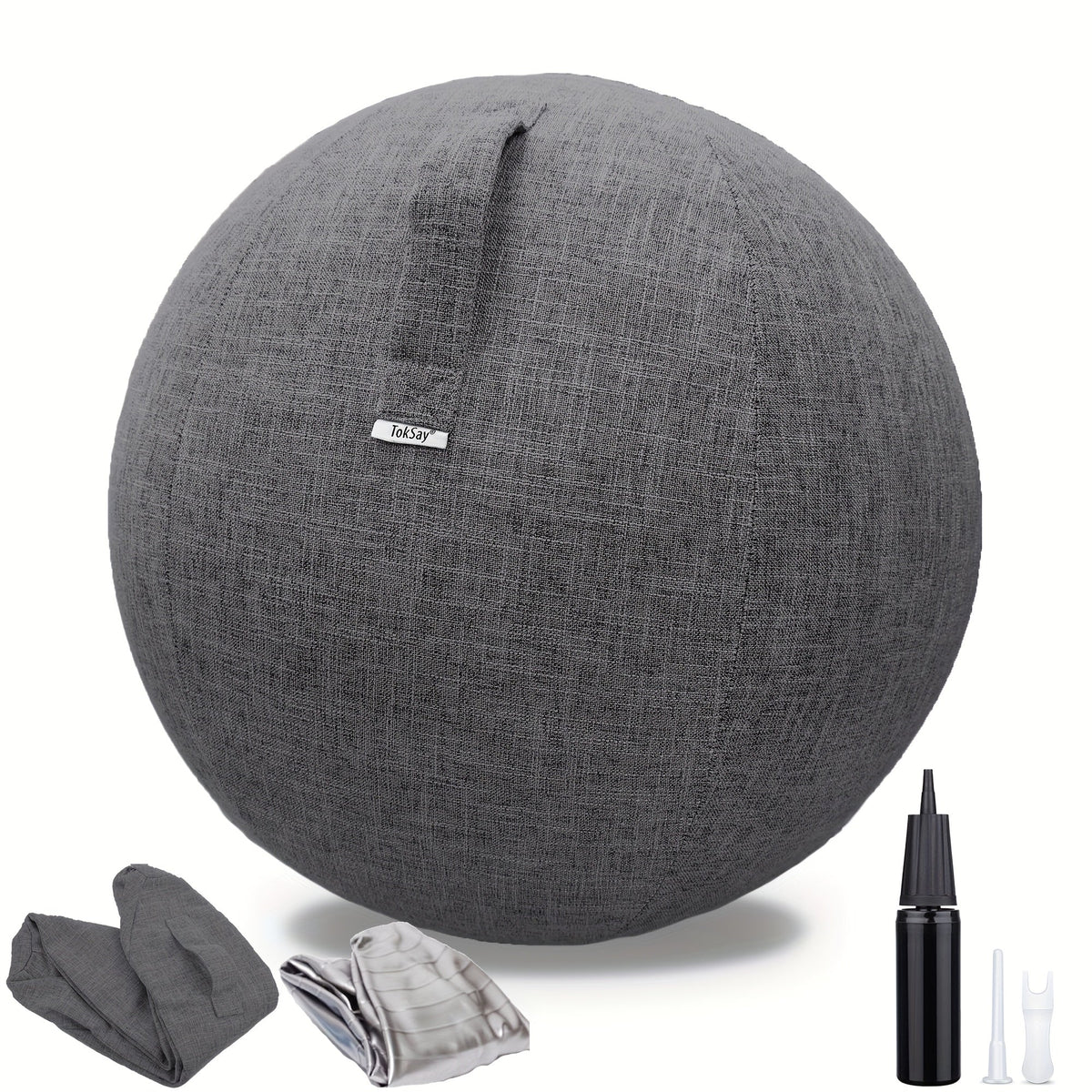 Chaise ballon d'exercice 65 cm avec housse en tissu, ballon de yoga anti-éclatement pour bureau, Pilates, renforcement musculaire, grossesse et accouchement – Améliore la posture et soulage les maux de dos, Gris & Noir