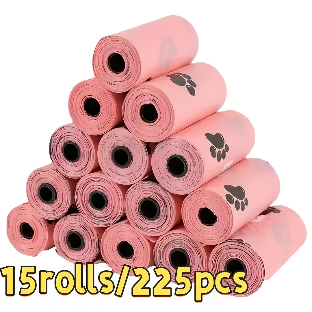 Sacs à déjections canines avec motif d'empreintes de pattes – 15 rouleaux/225 sacs épais et étanches pour chiens et chats, rouleaux prédécoupés faciles à détacher, portables pour les promenades et le nettoyage en extérieur, motif pattes de chat rose