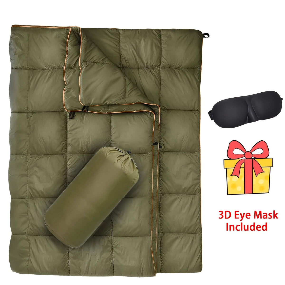 Couverture matelassée de camping, pliable, légère et chaude avec traitement déperlant DWR, incluant un masque de nuit 3D, 140x200 cm, pour camping, voyage, voiture, plage, stade, hamac, canapé et festival