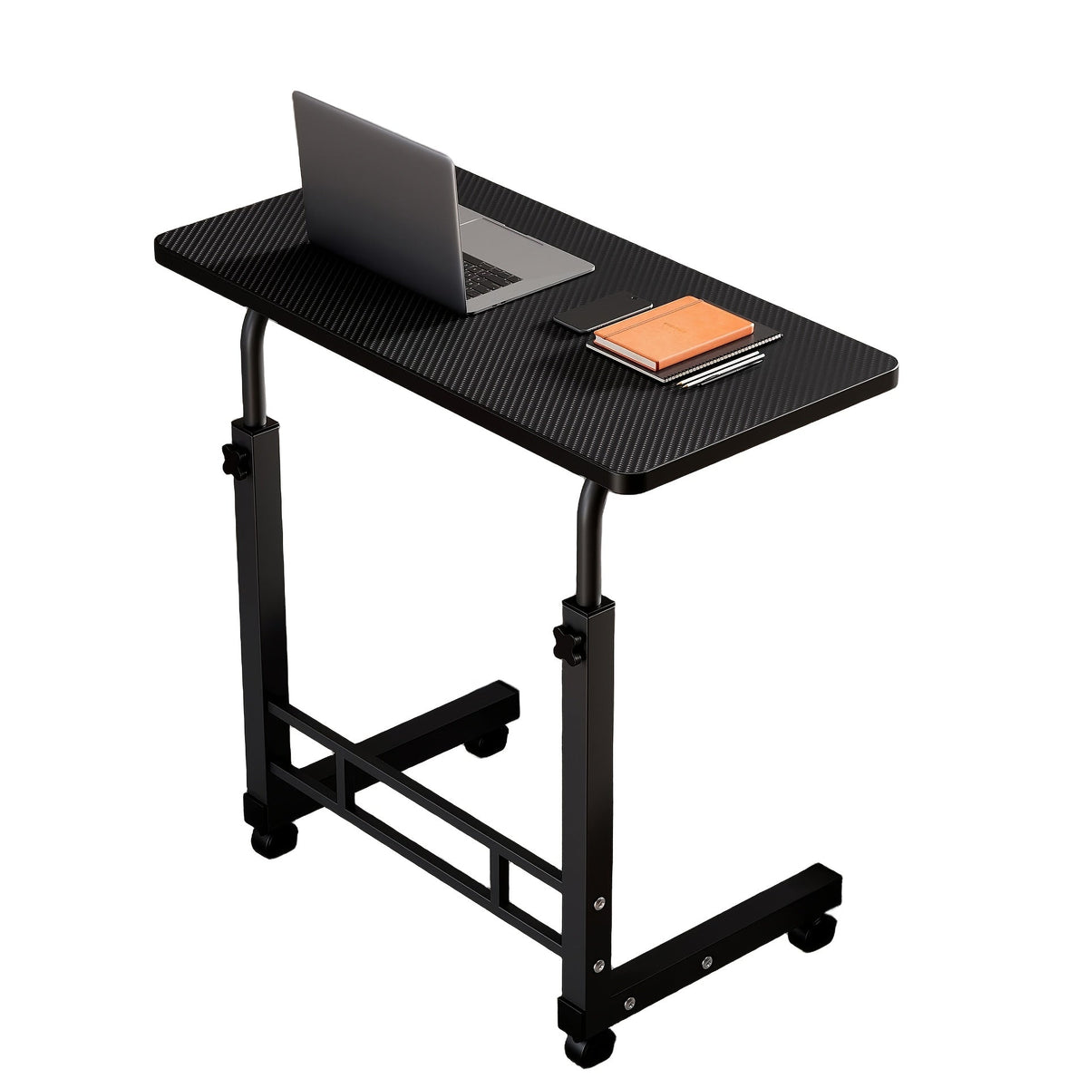Table pour ordinateur portable réglable en hauteur avec 4 roulettes et double étagère – Bureau poste de travail mobile pour chevet, dortoir, bureau, salon, structure en acier robuste, design gain de place