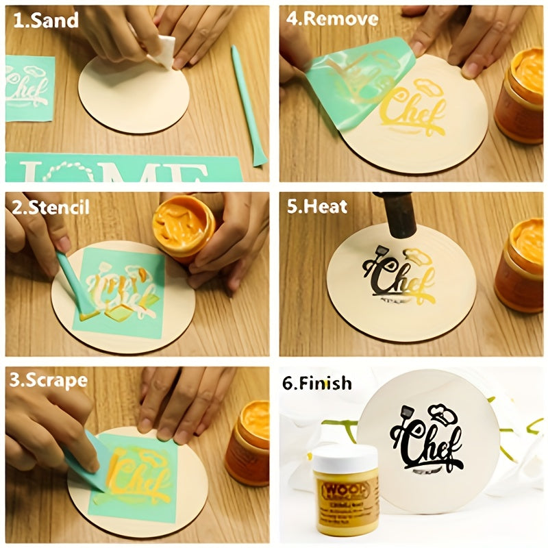 Kit de pâte de pyrogravure, 6 pots de gel thermoréactivable de 42,5 g avec stylos et outils de gravure, crème de pyrogravure pour bois, toile et denim, ensemble de loisirs créatifs pour débutants et artistes