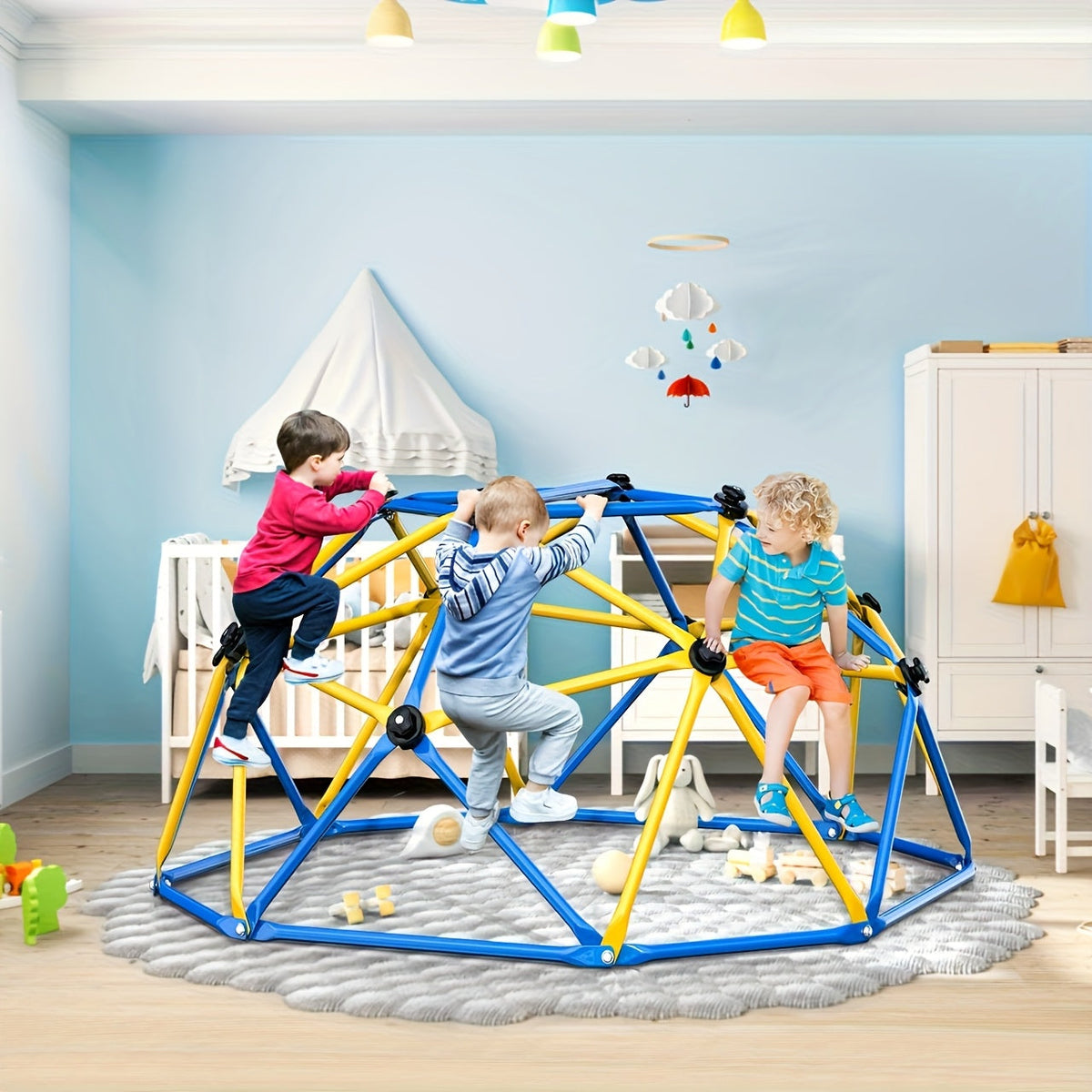 Dôme d'escalade d'extérieur de 6 pieds pour enfants, structure de jeu de jardin avec cadre en acier inoxydable résistant aux intempéries, capacité de 600 lb, centre d'activités sécurisé, cadeau pour garçons et filles de 3 à 10 ans, jaune et bleu