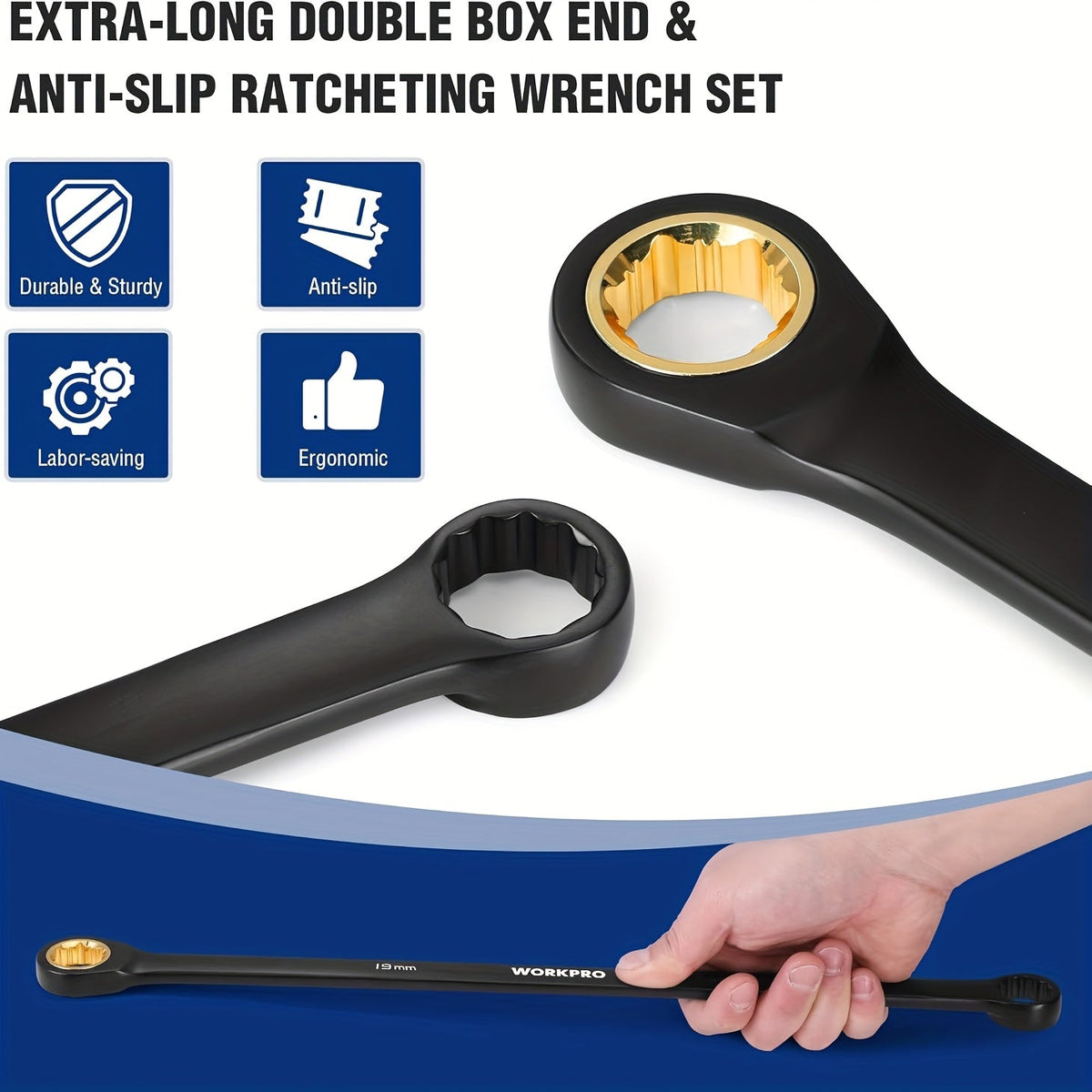WORKPRO Jeu de 10 clés à cliquet extra-longues – Clés polygonales antidérapantes, métriques 8-19 mm, 72 dents, acier au chrome-vanadium, revêtement électrophorétique noir, pochette de rangement incluse, kit d'outils à main professionnel