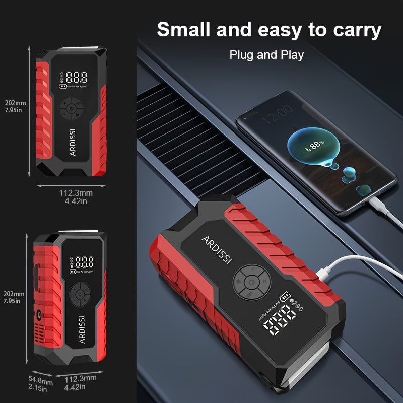 Démarreur de batterie portable 5000A avec compresseur d'air 150 PSI – Booster de batterie tout-en-un 10000mAh, port Type-C, lampe LED pour voitures essence et diesel 12V, camions, SUV et motos