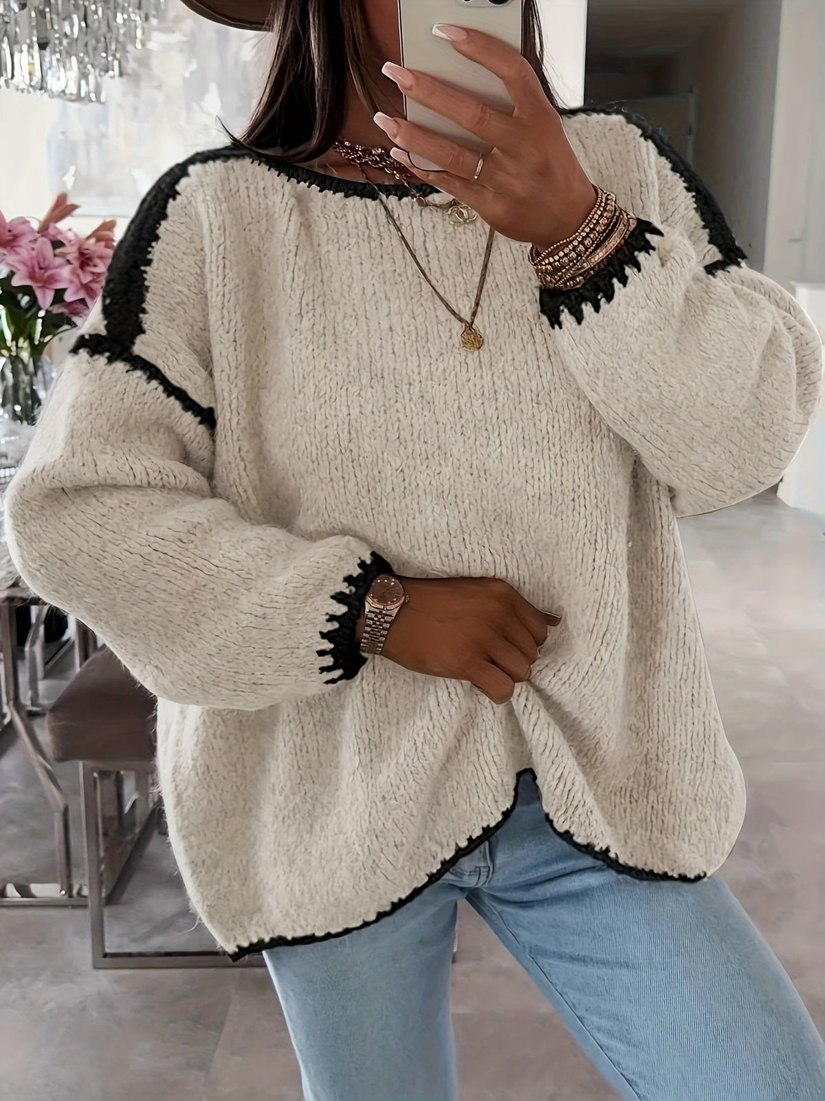 Pull-over femme à encolure bateau et blocs de couleur – Haut décontracté en maille contrastante, manches longues et coupe ample pour l'automne et l'hiver, style épaules dénudées, 7 couleurs, tailles S à XXL, pull doux et confortable pour le quotidien