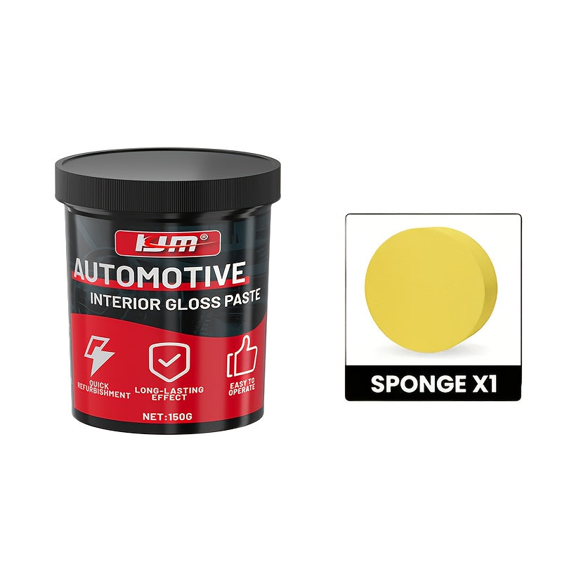 Crème de restauration et blanchiment pour plastiques automobiles KJM 150g avec éponge – Rénovateur tout-en-un pour tableau de bord, pneus et sièges, lustrant pour intérieur de voiture, soin des tissus d'ameublement, brillance longue durée et protection UV