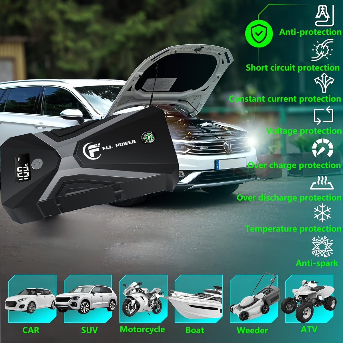 Démarreur de batterie portable pour voiture 1600A–3000A 12V – Booster d'urgence compact pour moteurs essence et diesel avec ports de charge USB et lampe de poche LED