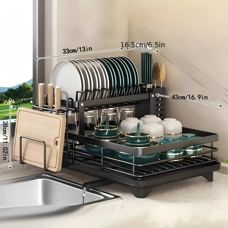 Égouttoir à vaisselle à 2 niveaux pour comptoir de cuisine avec plateau d'égouttage, tapis de drainage, porte-couteaux, porte-fourchettes, porte-gobelets, organisateur d'ustensiles, accessoire de cuisine, cadeau pour femme pour la fête des mères