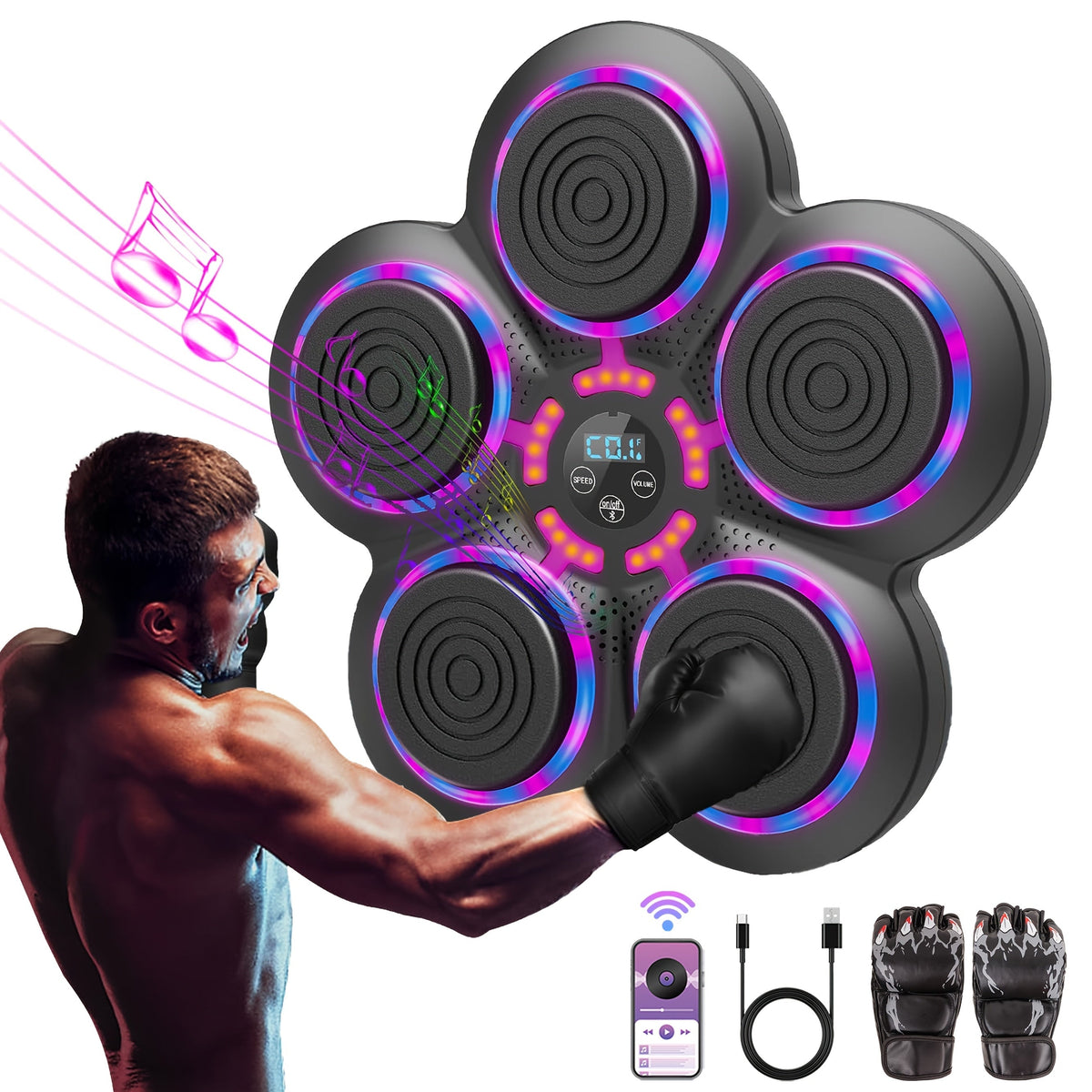 Machine de boxe musicale intelligente, fixation murale, entraînement à la frappe sans fil – Guidage par lumières LED, haut-parleur Bluetooth, appareil de cardio pour salle de sport à domicile et cible de réflexes anti-stress pour adultes et enfants