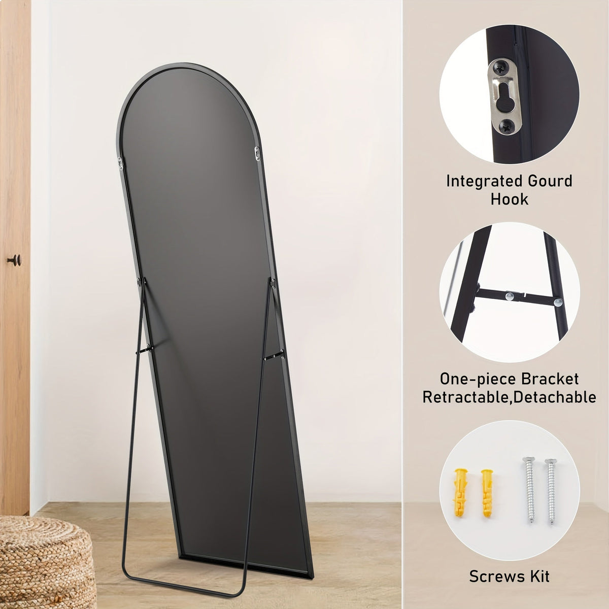 Miroir sur pied arqué – Miroir pleine longueur autoportant, inclinable ou mural, design moderne et épuré pour le salon, la chambre, le dressing ou la décoration intérieure