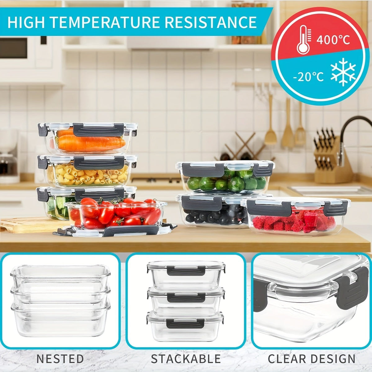 Lot de 20 récipients de préparation de repas en verre de 650 ml avec couvercles hermétiques – 10 récipients en verre et 10 couvercles, conservation alimentaire hermétique pour le déjeuner, le garde-manger et la cuisine – Boîtes à bento en verre sans BPA