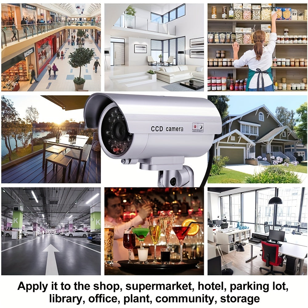 Caméra de surveillance factice – Système de vidéosurveillance simulée, lumières LED réalistes, support réglable et autocollants d'avertissement, caméra leurre de sécurité pour intérieur et extérieur – Lot de 2 ou 4