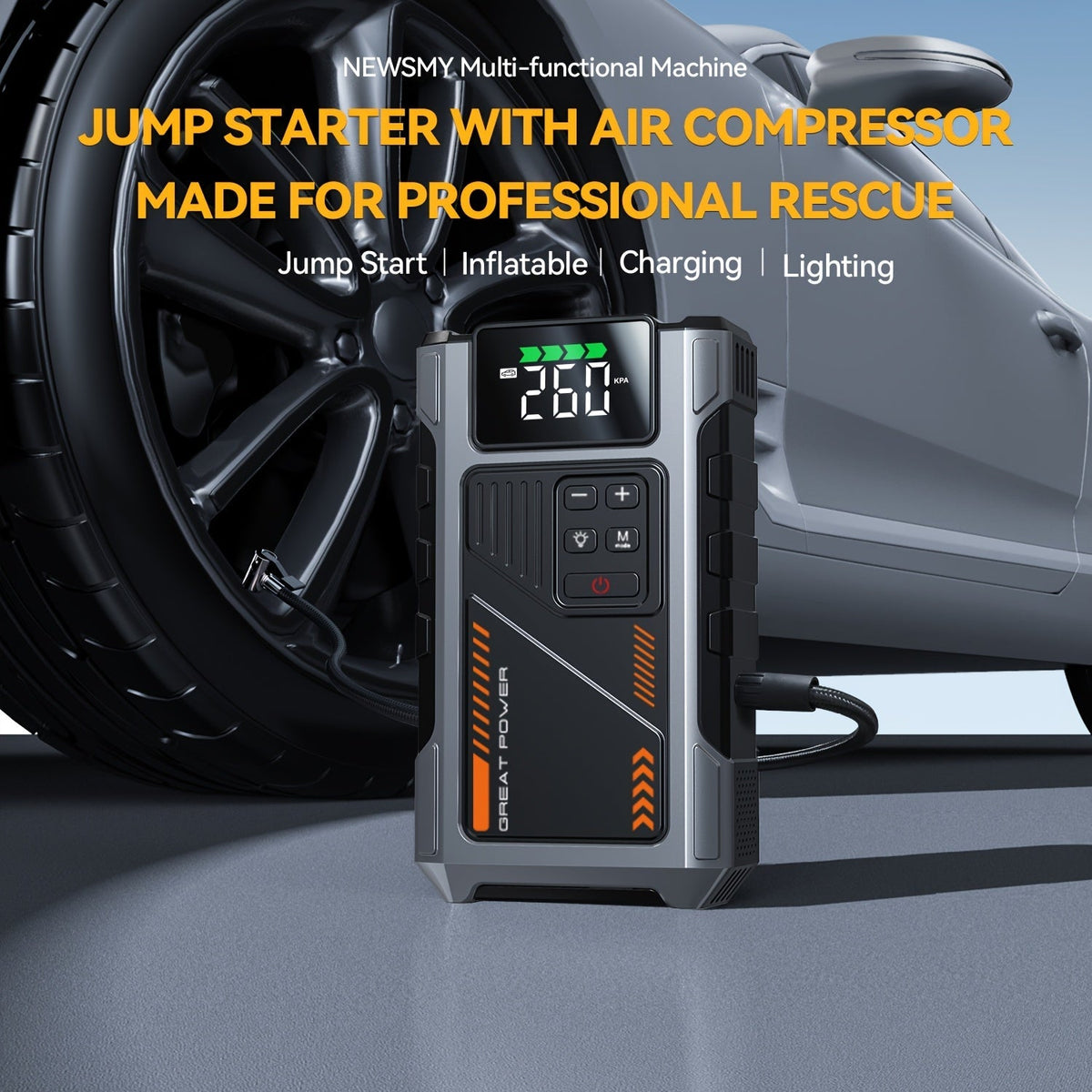 Démarreur de voiture portable 12V avec compresseur d'air en option - Booster de batterie d'urgence pour moteurs essence et diesel, compatible avec berlines, SUV, camions et tondeuses à gazon