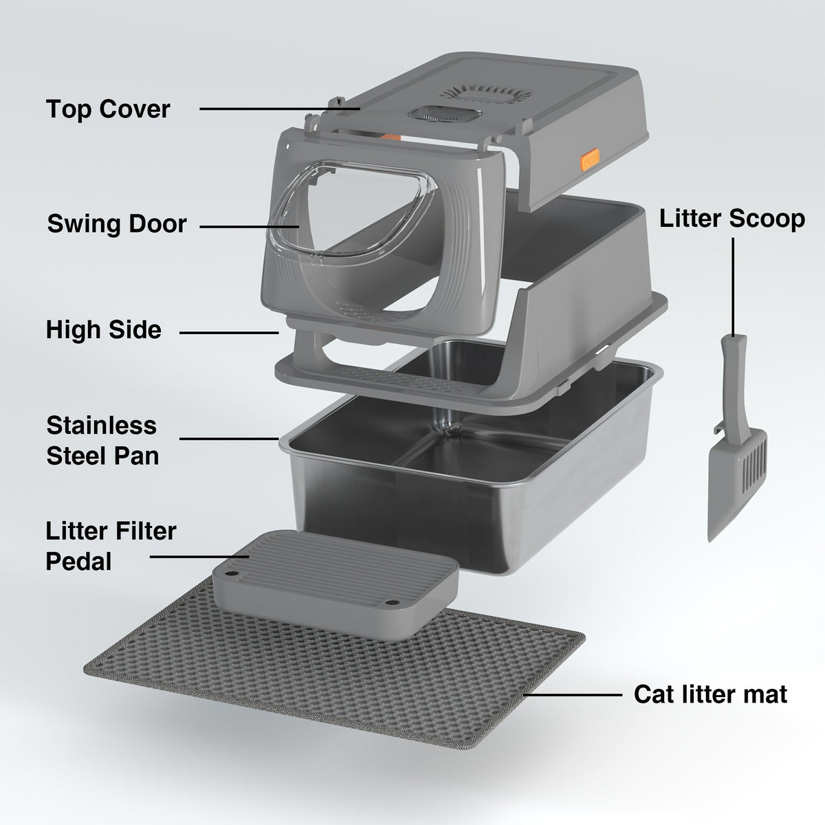 Bac à litière pour chat surdimensionné en acier inoxydable avec couvercle, toilette intérieure pliable anti-éclaboussures avec porte à rabat avant et contrôle supérieur des odeurs