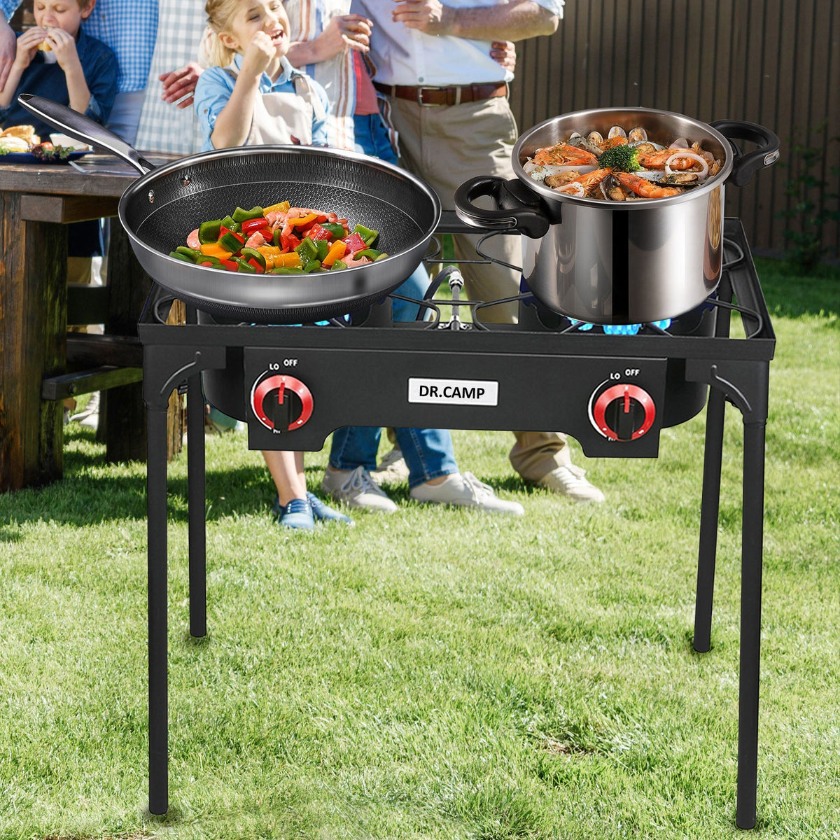Réchaud de camping portable au propane DR.CAMP – Brûleur en fonte ultra-résistant avec pieds amovibles, options à un ou deux brûleurs, réchaud à gaz haute pression pour le camping, le barbecue, la survie et la cuisine en extérieur
