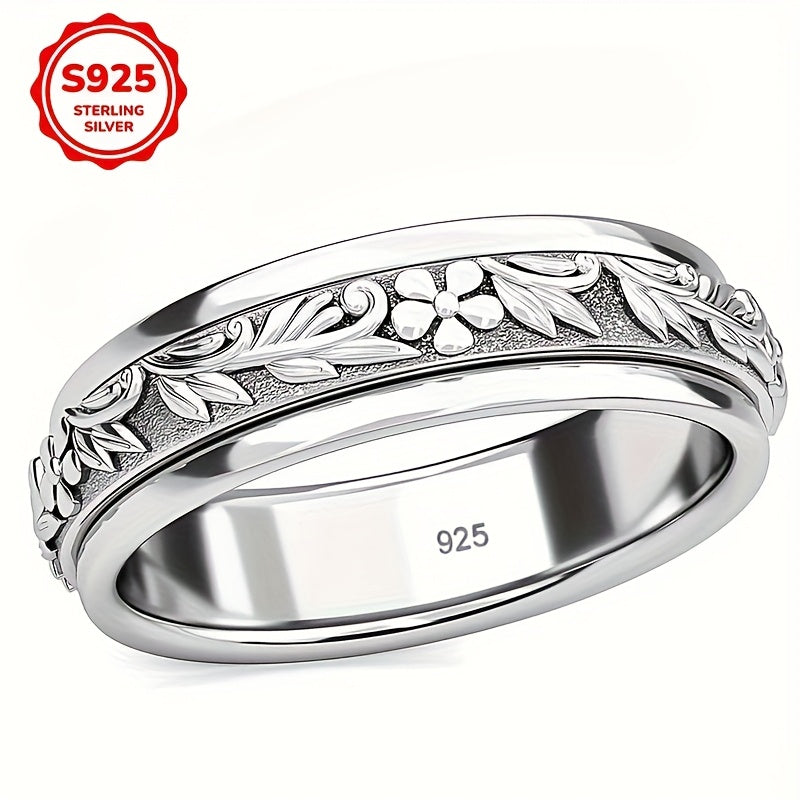 Bague large pour femme en argent sterling 925, motif vintage de feuilles et fleurs sculptées – Anneau élégant style bohème inspiré de la nature, bijou en argent hypoallergénique, tailles 6 à 10, idéal pour le quotidien, les vacances ou comme cadeau d'été