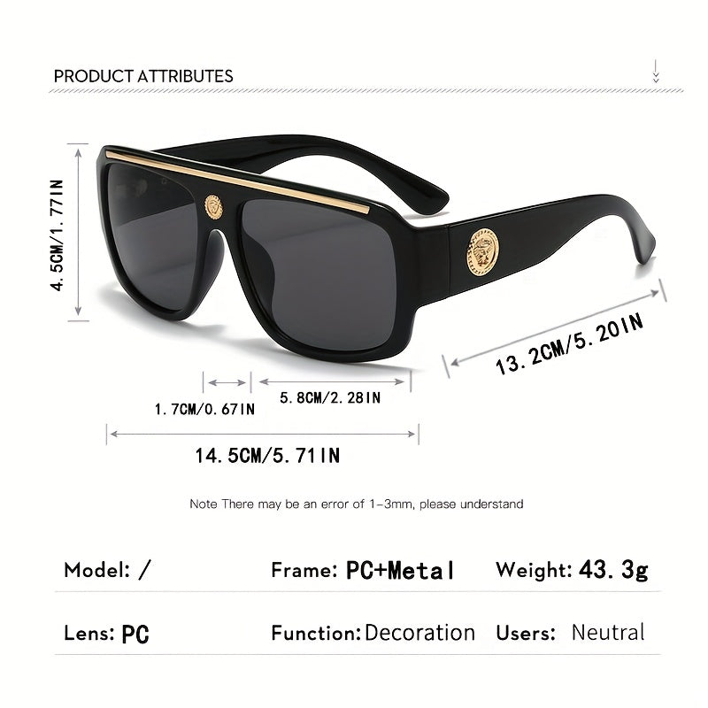 Lunettes de soleil carrées oversize style cyberpunk pour hommes – Monture extra large 139 mm et plus, bordure en métal noir et doré, verres décoratifs, lunettes de mode urbaine futuriste et cosplay