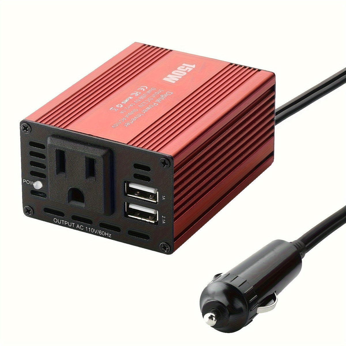 Convertisseur de tension pour voiture 150 W, 12 V CC à 110 V CA avec double port USB 3,1 A – Adaptateur secteur pour ordinateur portable, téléphone, tablette, essentiel pour les trajets en voiture