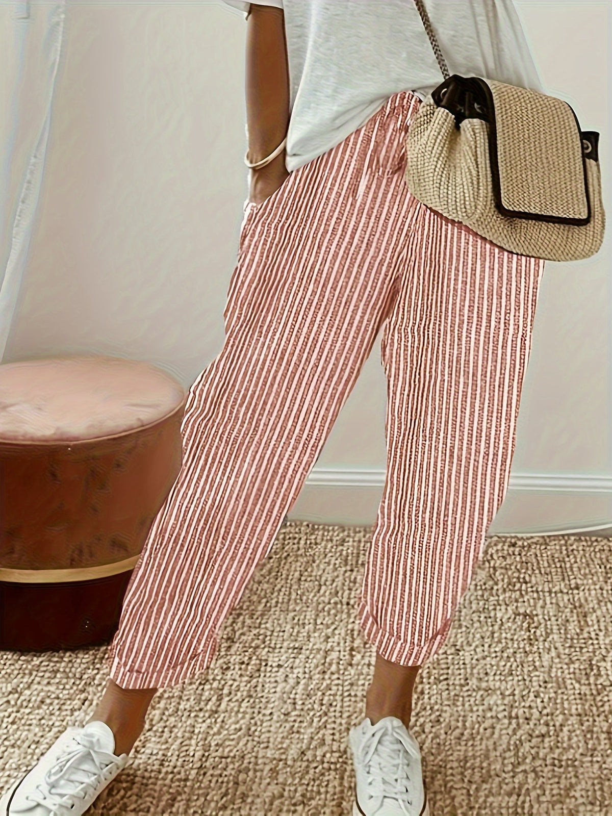 Pantalon large à rayures pour femme, coupe décontractée, bande latérale, pantalon léger en polyester - Pantalon mode confortable toutes saisons, tailles S M L XL XXL, plusieurs coloris