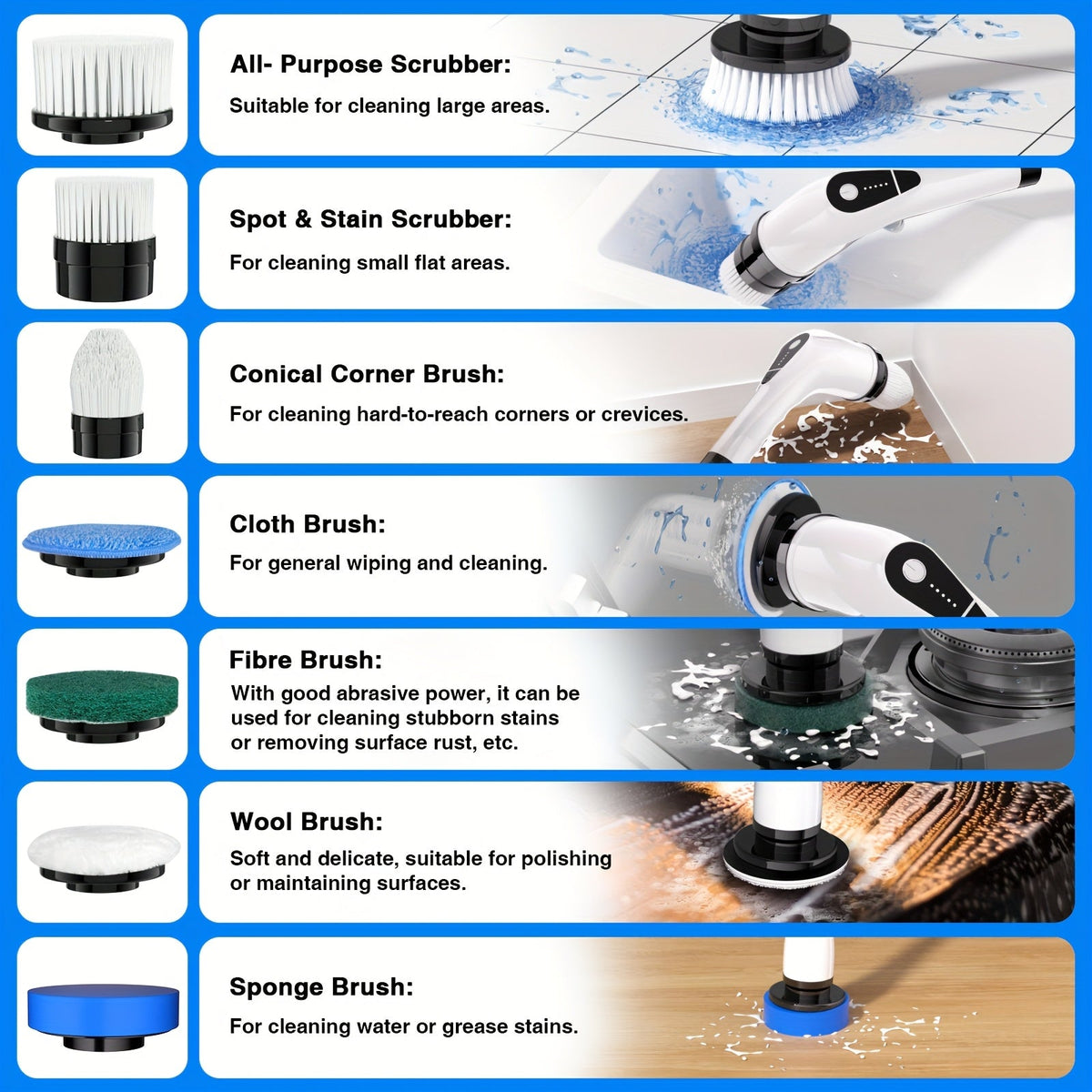 Brosse de nettoyage électrique sans fil 7-en-1 avec 7 têtes interchangeables, double vitesse réglable et manche télescopique amovible pour le nettoyage de la salle de bain, du carrelage, de la baignoire, de la cuisine, de la voiture et des joints de sol