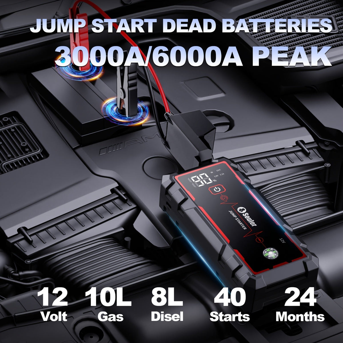 Démarreur de batterie portable 3000A-6000A – Booster de batterie lithium 12V, batterie externe avec double port USB QC 3.0 à charge rapide, lampe LED et boussole, compatible avec tous les moteurs essence