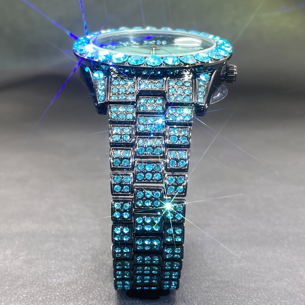 Ensemble de montres pour couples avec strass, mouvement à quartz de luxe, calendrier, affichage lumineux pour hommes et femmes, montre cadeau de mode pour fête avec strass rouges et bleu glacier