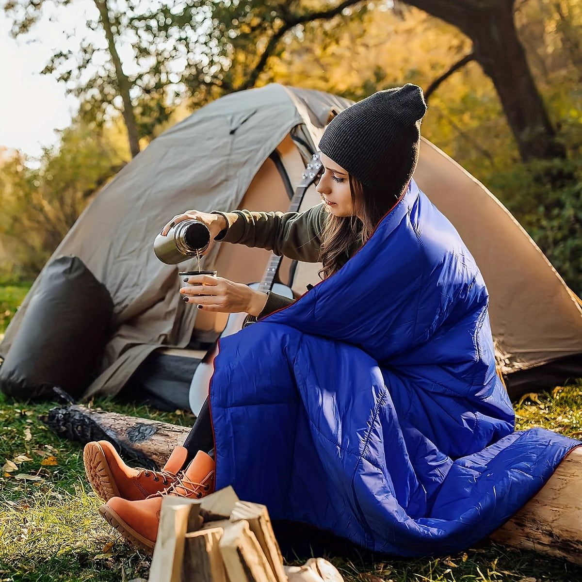 Couverture matelassée de camping, pliable, légère et chaude avec traitement déperlant DWR, incluant un masque de nuit 3D, 140x200 cm, pour camping, voyage, voiture, plage, stade, hamac, canapé et festival