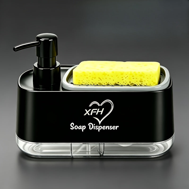 Distributeur de savon 2-en-1 avec porte-éponge intégré pour évier de cuisine – Distributeur à pompe pour comptoir pour savon à mains et vaisselle, distributeur de détergent, recharge facile, organisateur de cuisine idéal