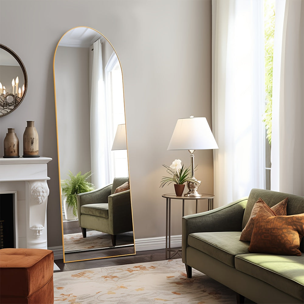 Miroir sur pied pleine longueur avec lumières LED - Sommet arqué et rectangulaire, cadre en aluminium, miroir habillage sur pied de 180 cm pour chambre et salon, noir or blanc, verre trempé de 5 mm