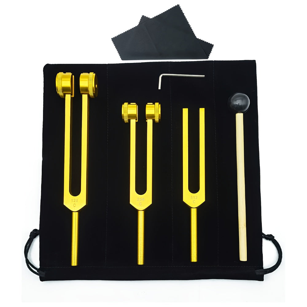 Ensemble de diapasons pour la guérison des chakras 128Hz 256Hz 512Hz - Diapasons de thérapie sonore en alliage d'aluminium pour la méditation, la guérison énergétique et la relaxation, inclut maillet, clé et pochette en velours